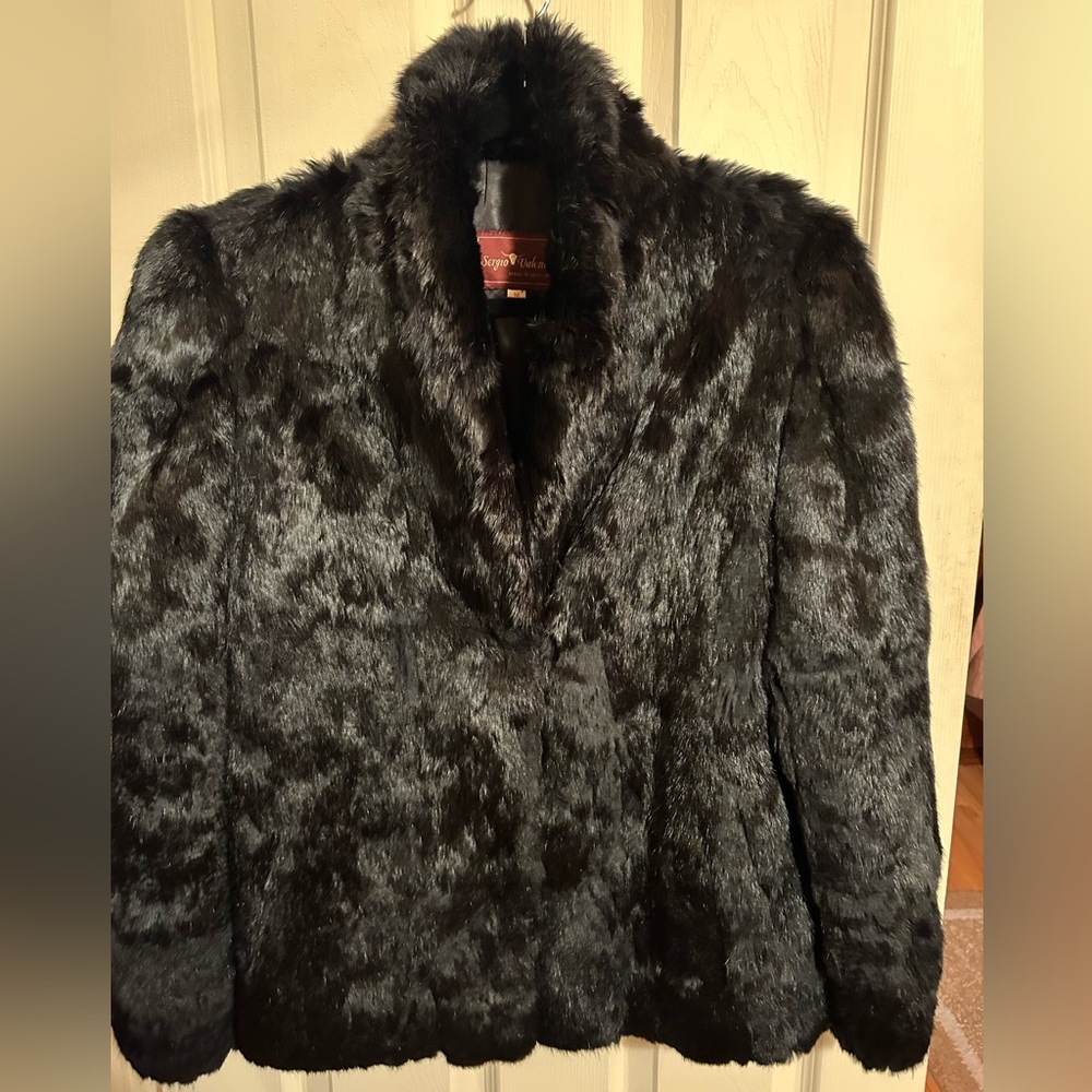 Genuine Black Rabbit Fur Jacket Short w/Satin Lining Size M. Sergio Valente Vtg.